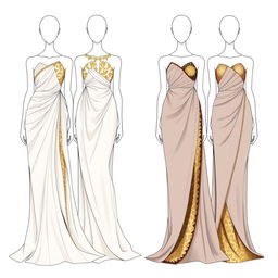 Fashion sketches of four flowing maxi dresses influenced by Greco-Roman drapery, showcasing elegant asymmetrical cuts