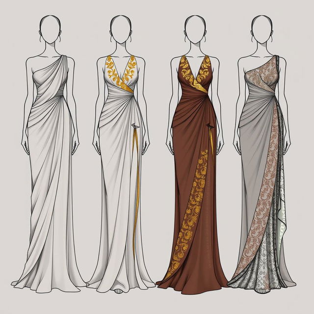 Fashion sketches of four flowing maxi dresses influenced by Greco-Roman drapery, showcasing elegant asymmetrical cuts