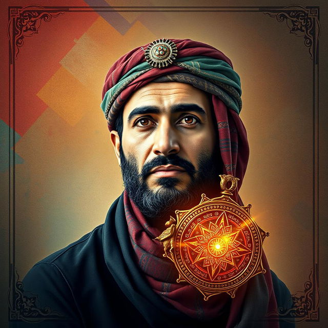 An artistic representation of Abdul Basset Sarout, blending his image with an ancient artifact symbolizing greatness, showcasing his strong features and distinctive style