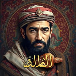 An artistic representation of Abdul Basset Sarout, blending his image with an ancient artifact symbolizing greatness, showcasing his strong features and distinctive style