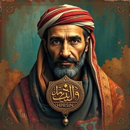 An artistic representation of Abdul Basset Sarout, blending his image with an ancient artifact symbolizing greatness, showcasing his strong features and distinctive style