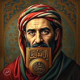 An artistic representation of Abdul Basset Sarout, blending his image with an ancient artifact symbolizing greatness, showcasing his strong features and distinctive style