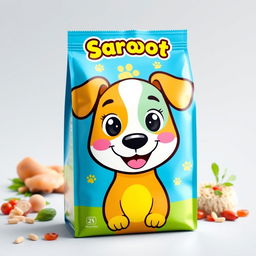 A cute and colorful dog food packaging design featuring a playful cartoon character resembling a dog with bright, friendly eyes and a happy expression