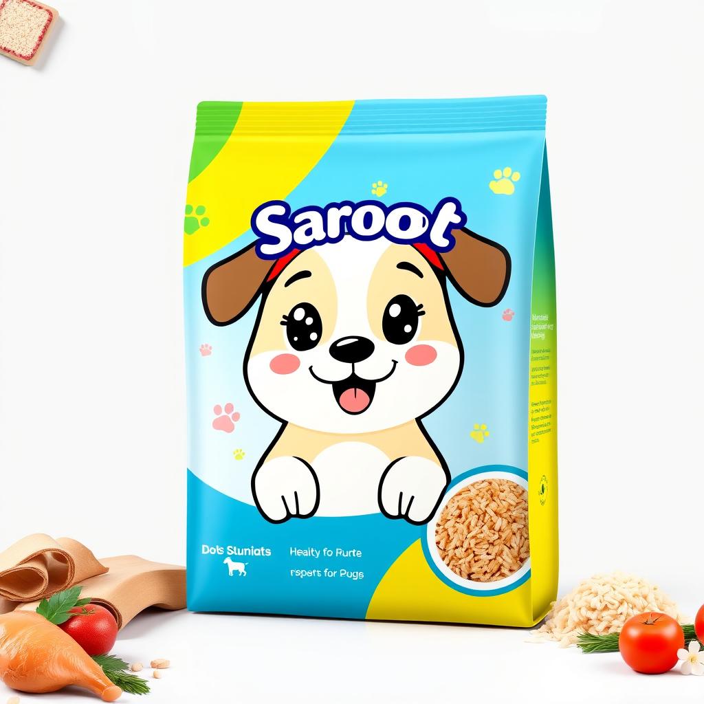 A cute and colorful dog food packaging design featuring a playful cartoon character resembling a dog with bright, friendly eyes and a happy expression