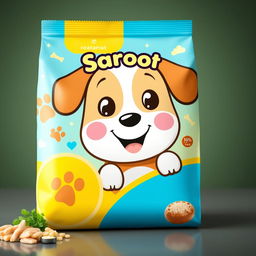 A cute and colorful dog food packaging design featuring a playful cartoon character resembling a dog with bright, friendly eyes and a happy expression