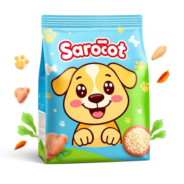 A cute and colorful dog food packaging design featuring a playful cartoon character resembling a dog with bright, friendly eyes and a happy expression