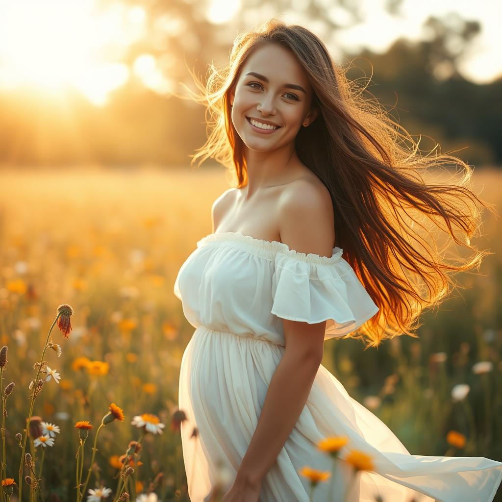 A beautiful young woman standing in a sunlit meadow, surrounded by wildflowers