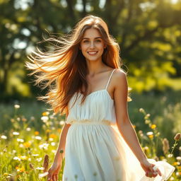 A beautiful young woman standing in a sunlit meadow, surrounded by wildflowers
