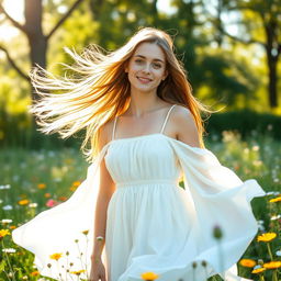 A beautiful young woman standing in a sunlit meadow, surrounded by wildflowers