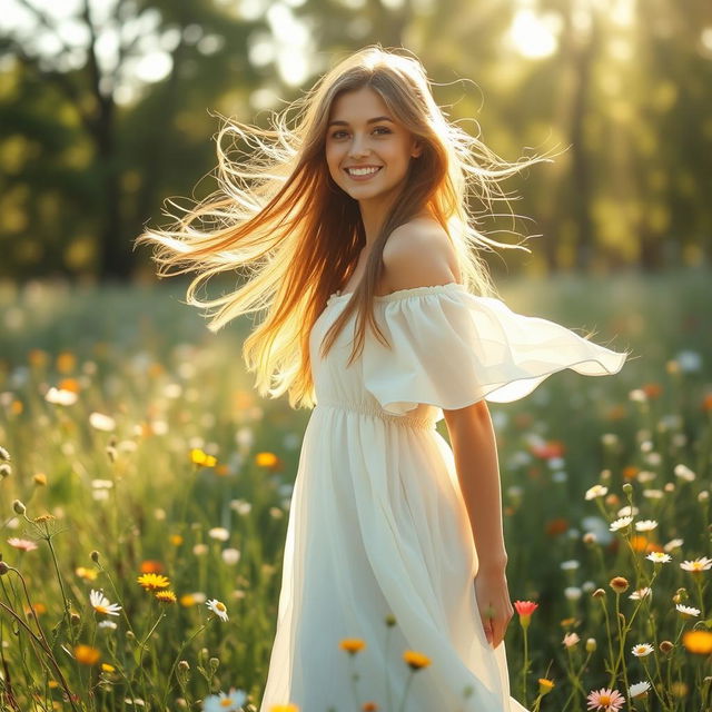 A beautiful young woman standing in a sunlit meadow, surrounded by wildflowers