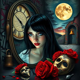 A beautiful, stunning girl with black hair and striking blue eyes gazing into a mirror in a surreal, psychedelic world influenced by Salvador Dali