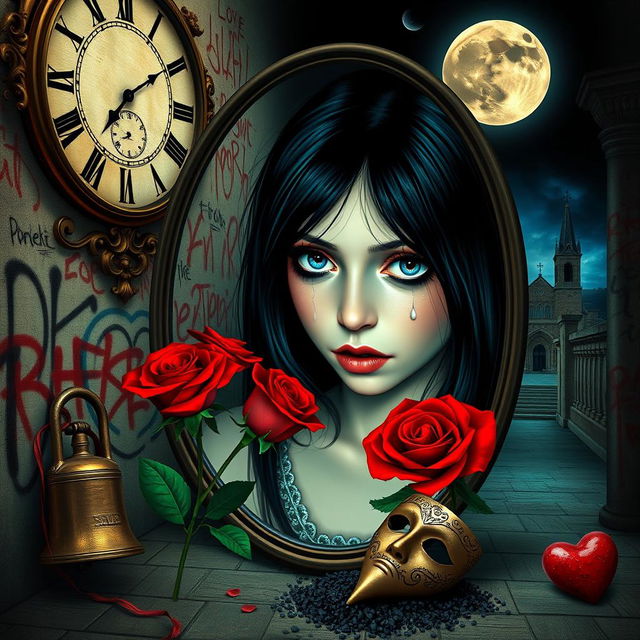 A beautiful, stunning girl with black hair and striking blue eyes gazing into a mirror in a surreal, psychedelic world influenced by Salvador Dali