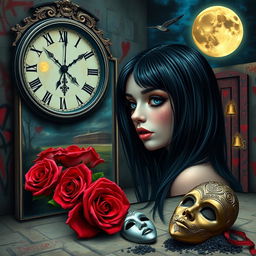 A beautiful, stunning girl with black hair and striking blue eyes gazing into a mirror in a surreal, psychedelic world influenced by Salvador Dali