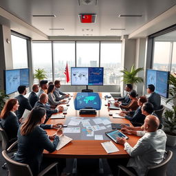 A bustling scene depicting a professional meeting for Skymed Global Consultancy in a modern office located in Georgia