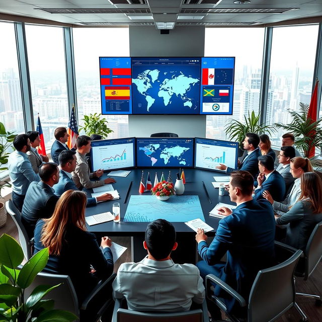 A bustling scene depicting a professional meeting for Skymed Global Consultancy in a modern office located in Georgia