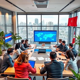 A bustling scene depicting a professional meeting for Skymed Global Consultancy in a modern office located in Georgia