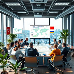 A bustling scene depicting a professional meeting for Skymed Global Consultancy in a modern office located in Georgia