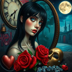 A beautiful, stunning girl with black hair and striking blue eyes gazing into a mirror in a surreal, psychedelic world inspired by Salvador Dali