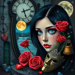 A beautiful, stunning girl with black hair and striking blue eyes gazing into a mirror in a surreal, psychedelic world inspired by Salvador Dali