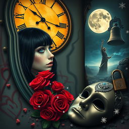 A beautiful, stunning girl with black hair and striking blue eyes gazing into a mirror in a surreal, psychedelic world inspired by Salvador Dali