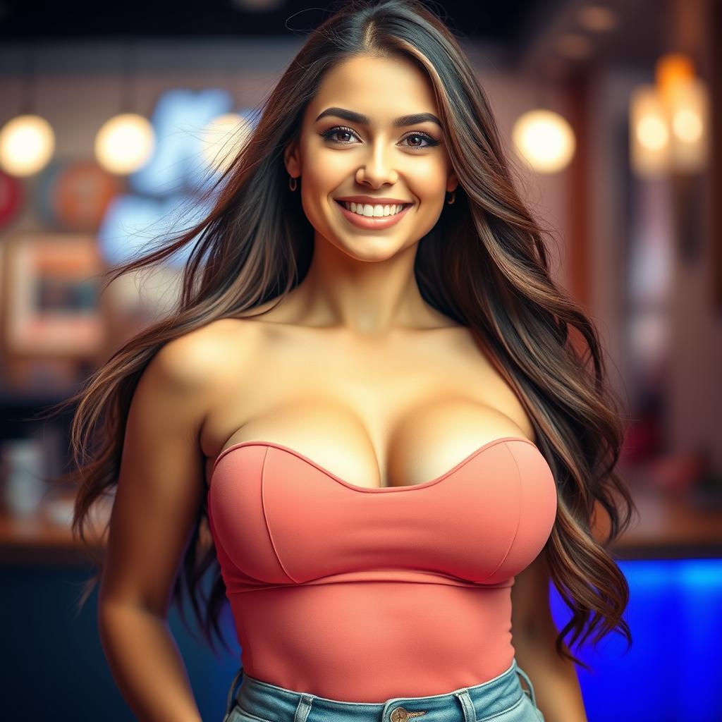 A young woman showcasing her ample bust, with an inviting smile