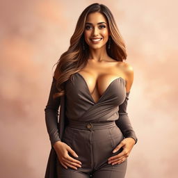 A beautiful woman confidently displaying her ample cleavage in an elegant, tastefully styled outfit