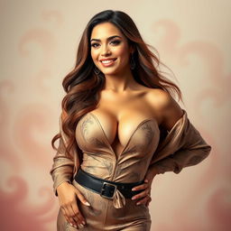 A beautiful woman confidently displaying her ample cleavage in an elegant, tastefully styled outfit