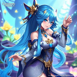 A new character design for Layla from Genshin Impact, featuring stunning blue hair that flows elegantly