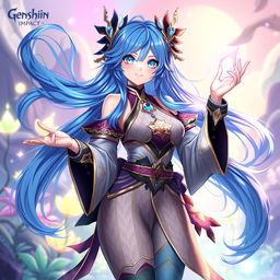 A new character design for Layla from Genshin Impact, featuring stunning blue hair that flows elegantly