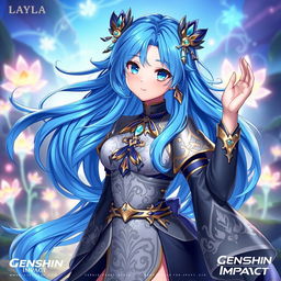 A new character design for Layla from Genshin Impact, featuring stunning blue hair that flows elegantly