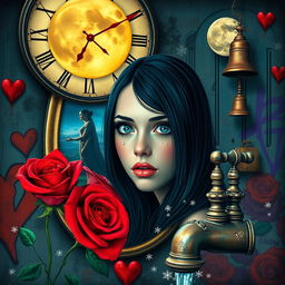 A beautiful, stunning girl with black hair and captivating blue eyes gazing into a mirror in a surreal, psychedelic world inspired by Salvador Dali