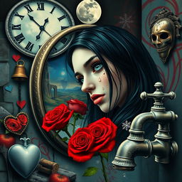 A beautiful, stunning girl with black hair and captivating blue eyes gazing into a mirror in a surreal, psychedelic world inspired by Salvador Dali