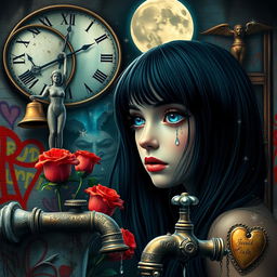 A beautiful, stunning girl with black hair and captivating blue eyes gazing into a mirror in a surreal, psychedelic world inspired by Salvador Dali