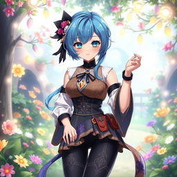 A fresh character design for Layla from Genshin Impact, showcasing her with striking blue hair styled elegantly