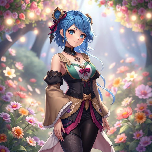 A fresh character design for Layla from Genshin Impact, showcasing her with striking blue hair styled elegantly