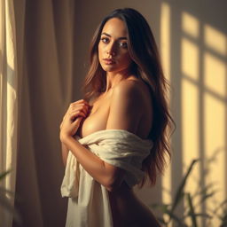 A sensual portrait of a confident woman embracing her natural beauty, standing in an artistic pose