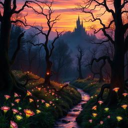 A mystical forest at sunset, filled with vibrant, glowing flowers and tall, ancient trees with twisted branches