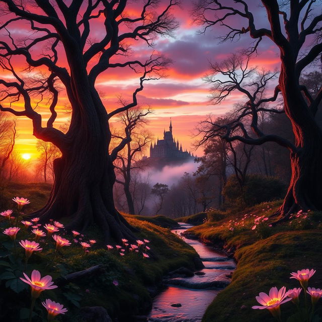 A mystical forest at sunset, filled with vibrant, glowing flowers and tall, ancient trees with twisted branches