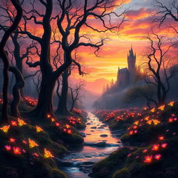 A mystical forest at sunset, filled with vibrant, glowing flowers and tall, ancient trees with twisted branches