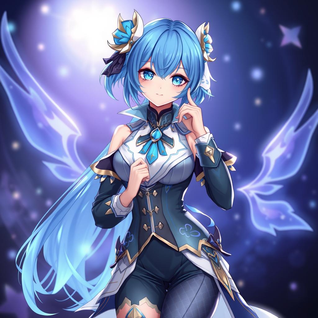 Layla from Genshin Impact, maintaining her original blue hair color, is depicted wearing a stylish new outfit inspired by the image provided