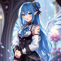 Layla from Genshin Impact, maintaining her original blue hair color, is depicted wearing a stylish new outfit inspired by the image provided