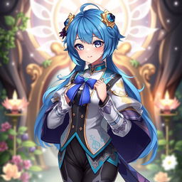 Layla from Genshin Impact, maintaining her original blue hair color, is depicted wearing a stylish new outfit inspired by the image provided