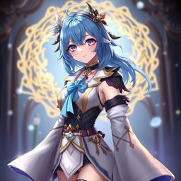Layla from Genshin Impact, maintaining her original blue hair color, is depicted wearing a stylish new outfit inspired by the image provided