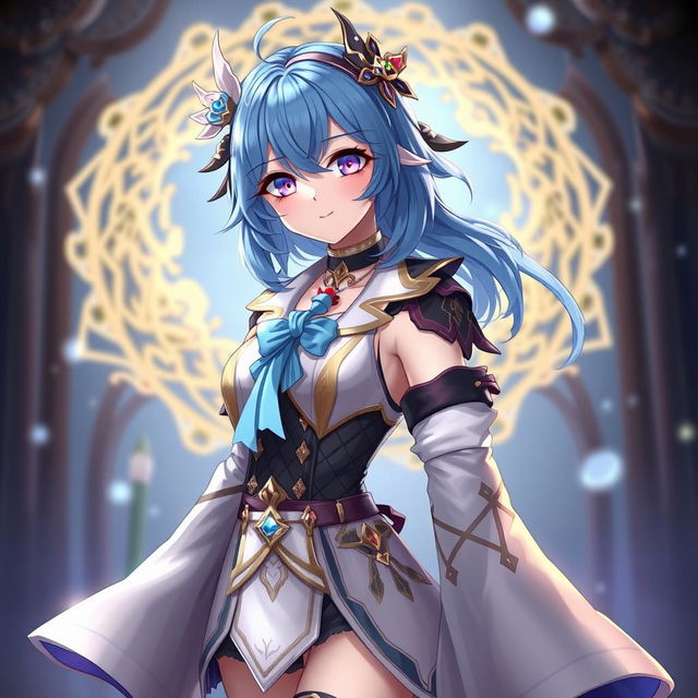 Layla from Genshin Impact, maintaining her original blue hair color, is depicted wearing a stylish new outfit inspired by the image provided