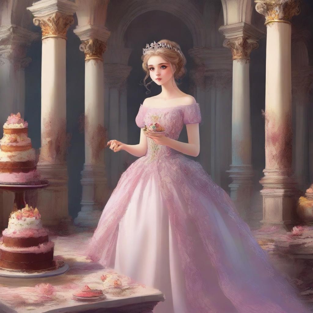 A high-quality digital art book cover, showcasing a worried princess in a regal gown, her eyes wide with distress