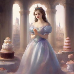 A high-quality digital art book cover, showcasing a worried princess in a regal gown, her eyes wide with distress