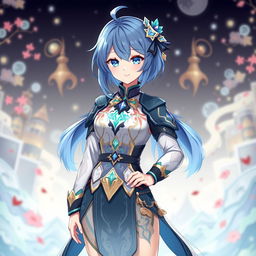 Layla from Genshin Impact, maintaining her signature blue hair, is depicted wearing an entirely new outfit inspired by the provided image