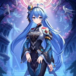 Layla from Genshin Impact, maintaining her signature blue hair, is depicted wearing an entirely new outfit inspired by the provided image