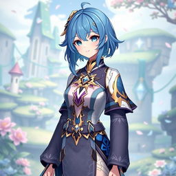 Layla from Genshin Impact, maintaining her signature blue hair, is depicted wearing an entirely new outfit inspired by the provided image