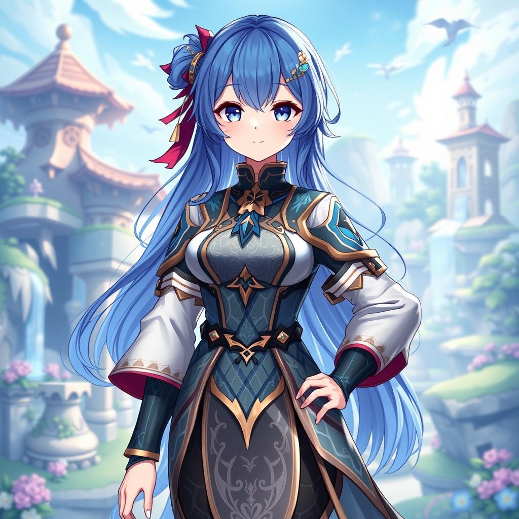 Layla from Genshin Impact, maintaining her signature blue hair, is depicted wearing an entirely new outfit inspired by the provided image